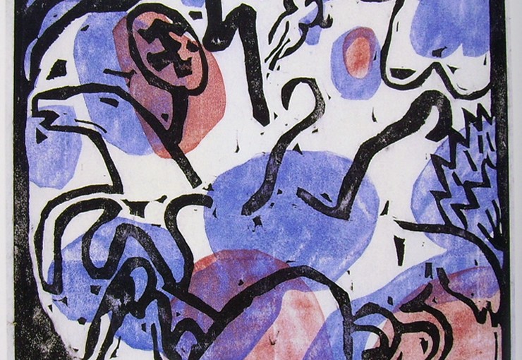 Wassily Kandinsky: Tre cavalieri in rosso, blu e nero, anno 1911, xilografia a colori, 21,9 x 22,2 cm., Städtische Galerie im Lenbachhaus, Monaco, GSM 284.